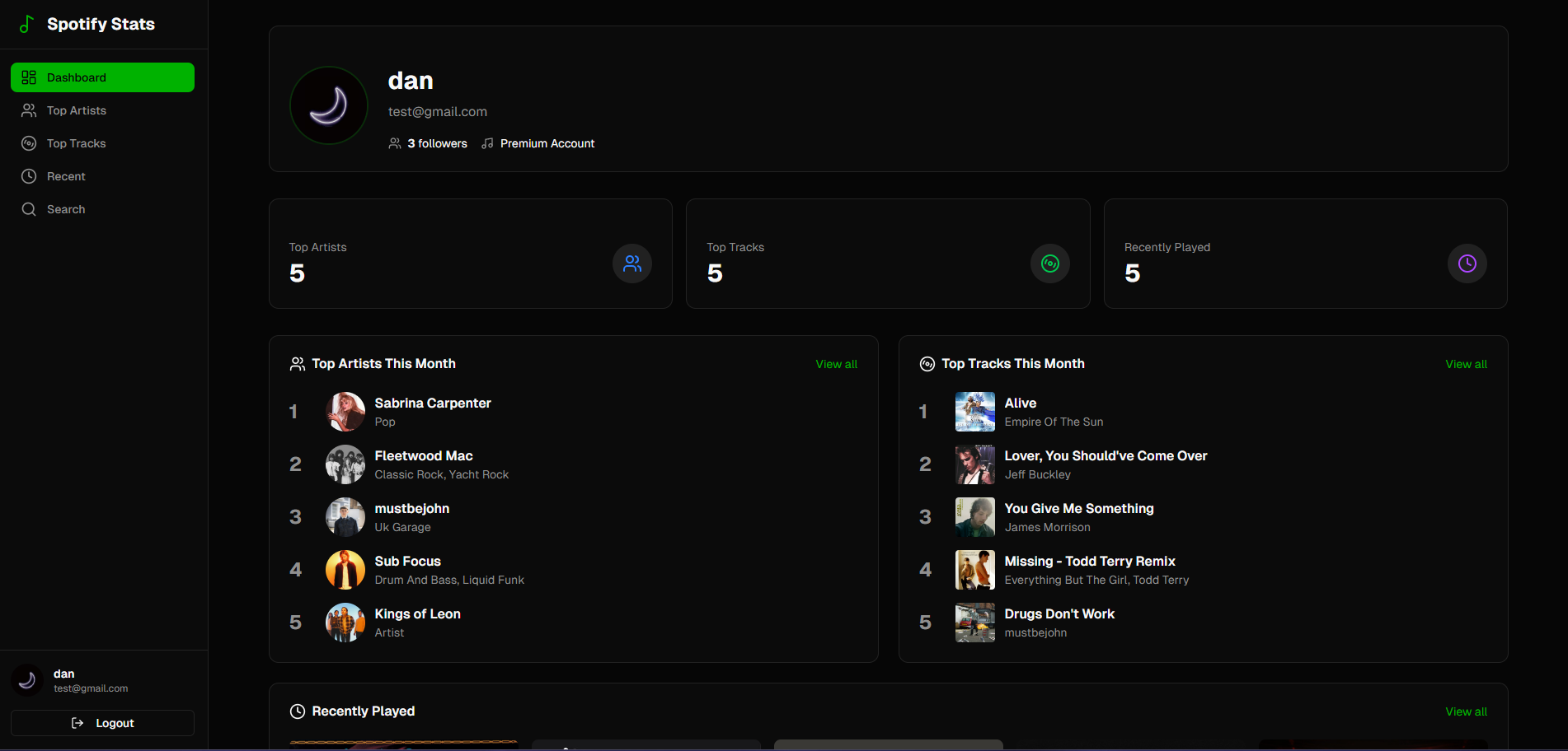 Spotify Stats Page preview
